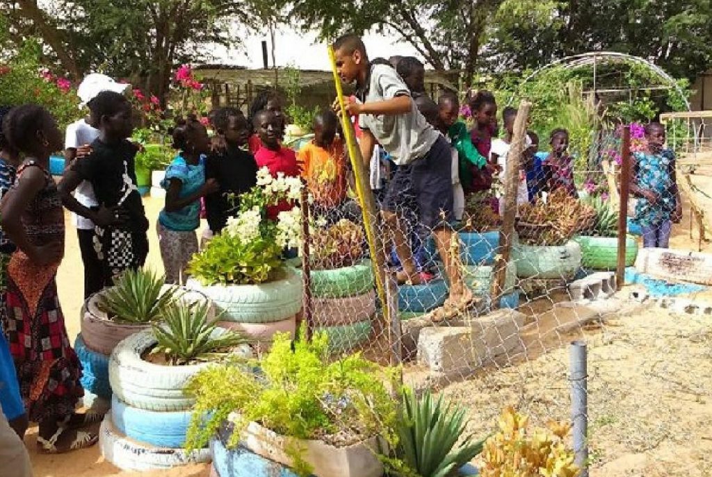 Yahya avec les enfants de lassociation Soleil des Enfants apprennent sur les plantes nuakchot